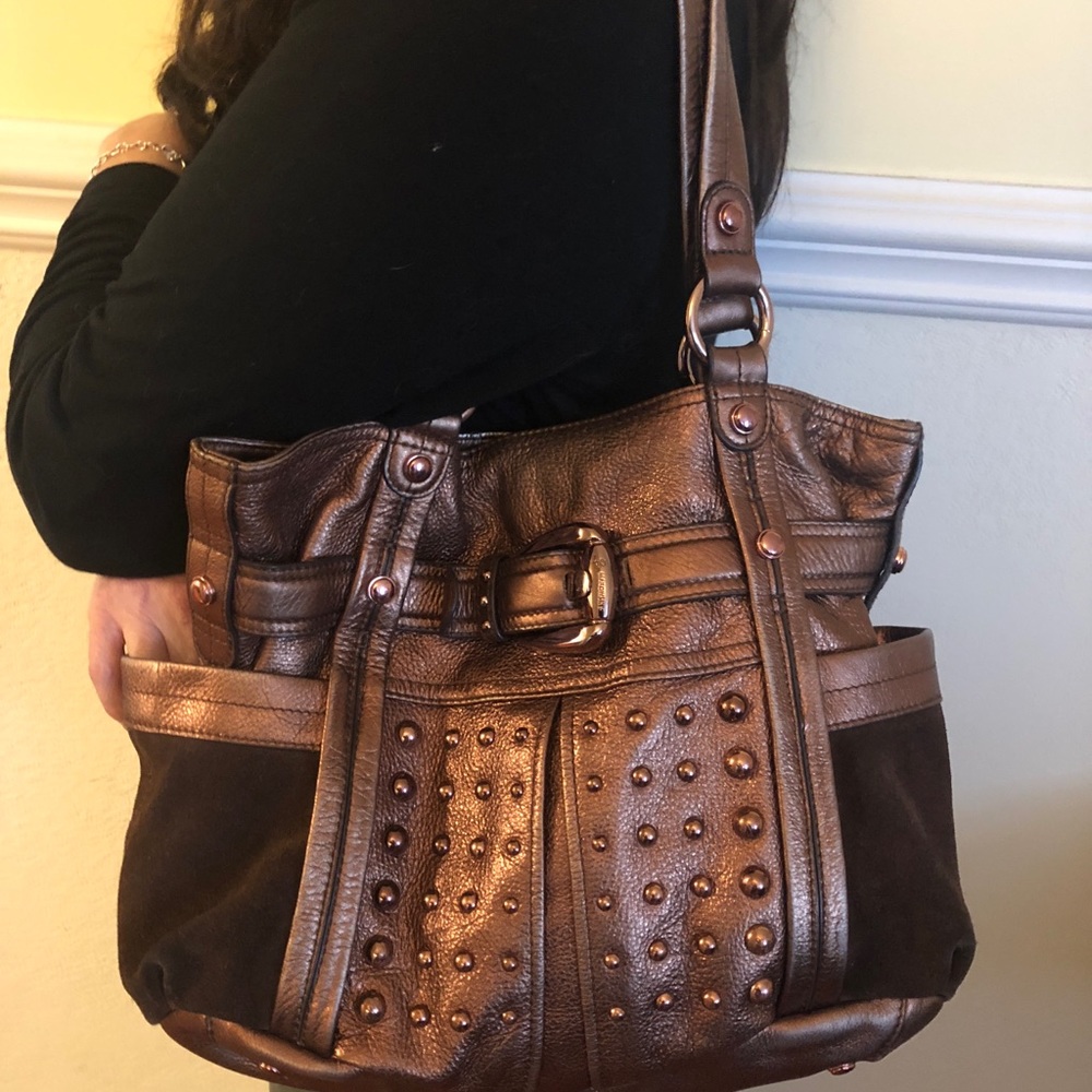 B Makowsky copper stud leather & suede hobo bag